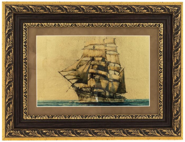 Painting on gold leaf "Seascape" red velvet