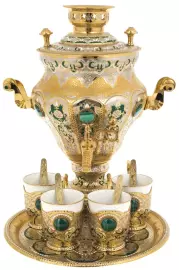 Чайный набор с самоваром "Узоры" на 4 персоны, с малахитом, Златоуст