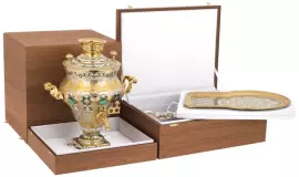 Чайный набор с самоваром "Узоры" на 4 персоны, с малахитом, Златоуст