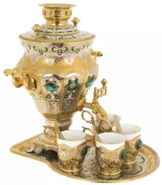 Чайный набор с самоваром "Узоры" на 4 персоны, с малахитом, Златоуст