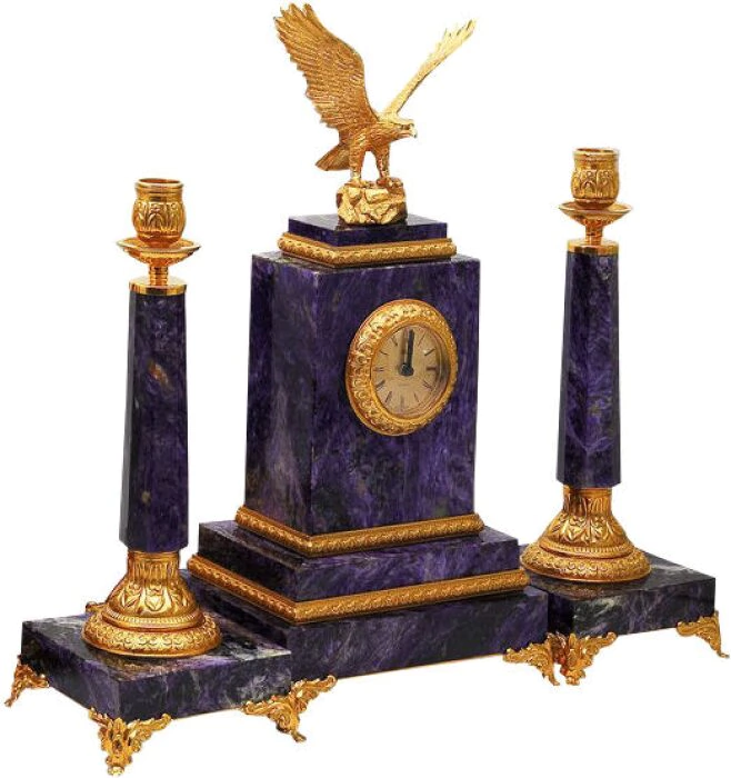 Mantel clock with candlesticks "Eagle", charoite