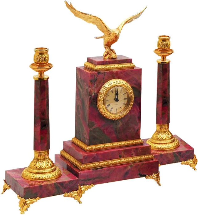Mantel clock with candlesticks "Eagle", rhodonite