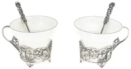 Набор чайных чашек из серебра "Зимние узоры": ложка, чашка Набор чайных чашек из серебра "Зимние узоры": ложка, чашка