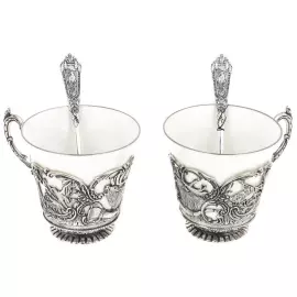 Набор чайных чашек из серебра "Королевская охота" на 2 персоны, с ложками