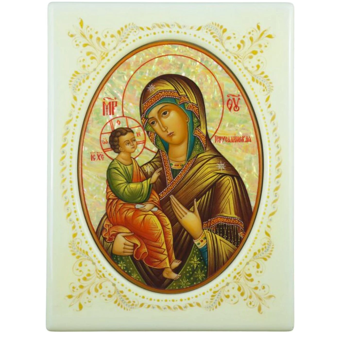Mother of Pearl icon "Our Lady of Jerusalem" in a white frame