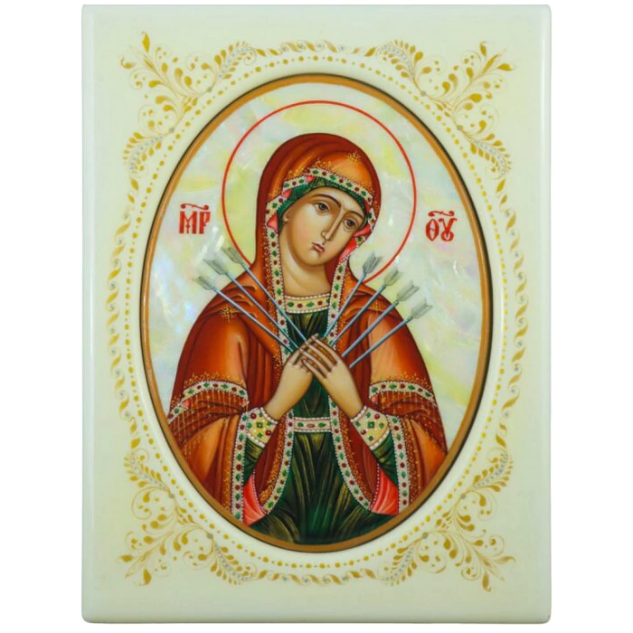 Mother of Pearl icon "The Seven-Arrow Mother of God" in a white frame