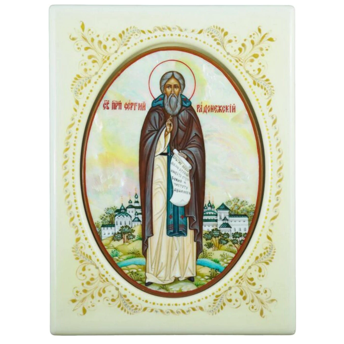 Icon with mother-of-pearl "Sergius of Radonezh" in a white frame