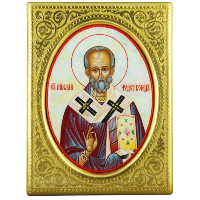 Icon with mother-of-pearl "Nicholas the Wonderworker" in a gold frame