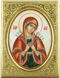 Икона с перламутром "Семистрельная Богоматерь" в золотой раме