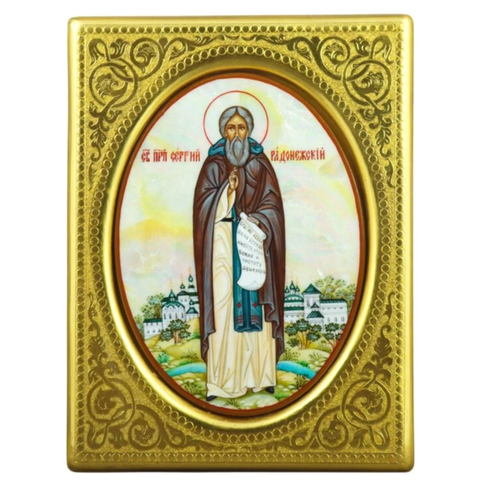 Icon with mother-of-pearl "Sergius of Radonezh" in a gold frame