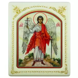 Mother-of-pearl icon "Guardian Angel" in a white frame with an ornament