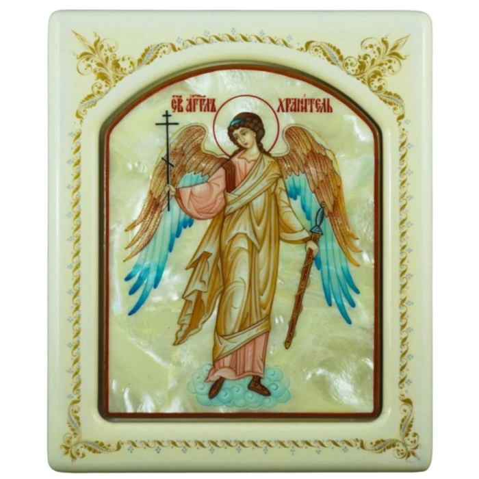 Mother-of-pearl icon "Guardian Angel" in a white frame with an ornament