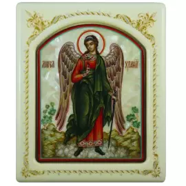 Mother-of-pearl icon "Guardian Angel" in a white frame with an ornament