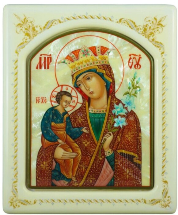 Mother-of-pearl icon "Our Lady of Unfading Color" in a white frame with an ornament