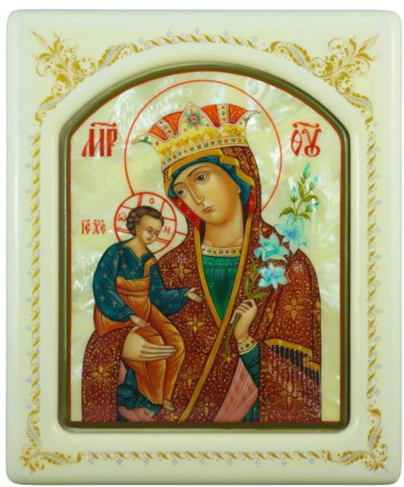 Mother-of-pearl icon "Our Lady of Unfading Color" in a white frame with an ornament