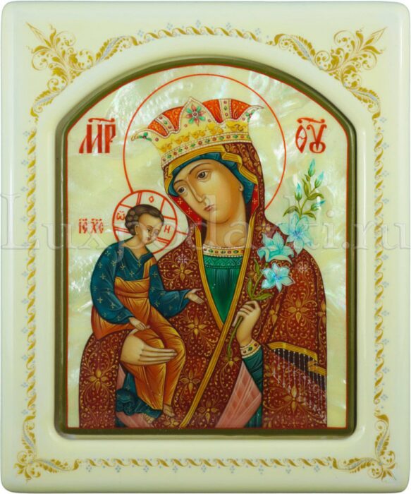 Mother-of-pearl icon "Our Lady of Unfading Color" in a white frame with an ornament