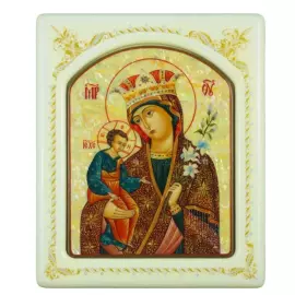 Икона с перламутром "Богоматерь Неувядаемый цвет" в белой раме с орнаментом