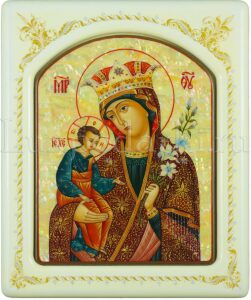 Mother-of-pearl icon "Our Lady of Unfading Color" in a white frame with an ornament
