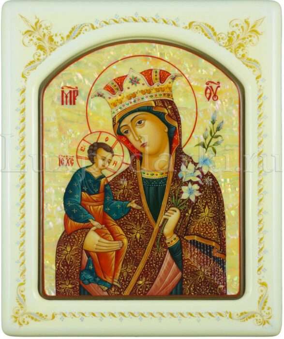 Mother-of-pearl icon "Our Lady of Unfading Color" in a white frame with an ornament