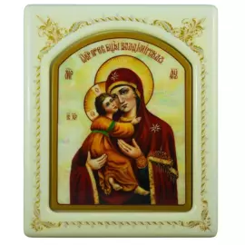Икона с перламутром "Владимирская Богоматерь" в белой раме с орнаментом
