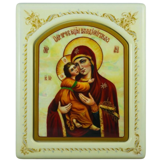 Mother-of-pearl icon "Our Lady of Vladimir" in a white frame with an ornament