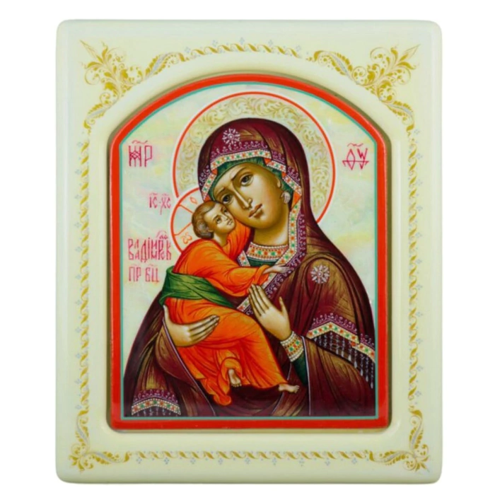 Mother-of-pearl icon "Our Lady of Vladimir" in a white frame with an ornament