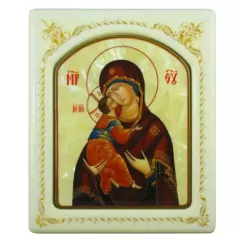 Икона с перламутром "Владимирская Богоматерь" в белой раме с орнаментом