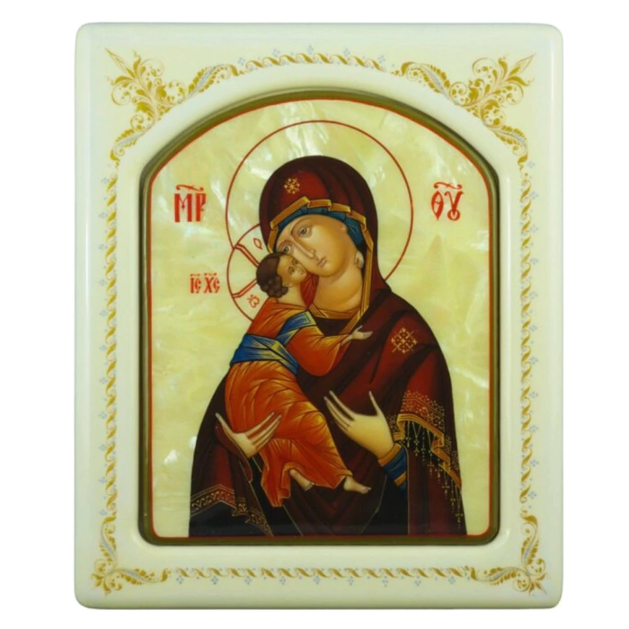 Mother-of-pearl icon "Our Lady of Vladimir" in a white frame with an ornament