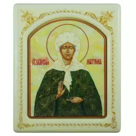 Икона с перламутром "Матрона Московская" в белой раме с орнаментом