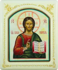 Икона с перламутром "Спаситель" в белой раме с орнаментом