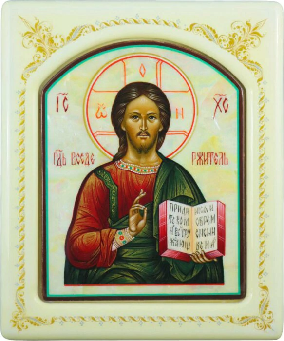 Icon with mother-of-pearl "Savior" in a white frame with an ornament