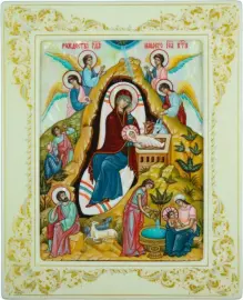 Икона "Рождество Христово" с перламутром в белой раме Икона "Рождество Христово" с перламутром в белой раме