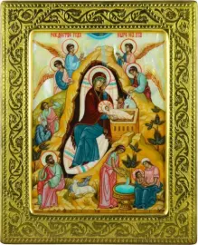 Икона на натуральном перламутре "Рождество Христово" в золотой раме Икона на натуральном перламутре "Рождество Христово" в золотой раме