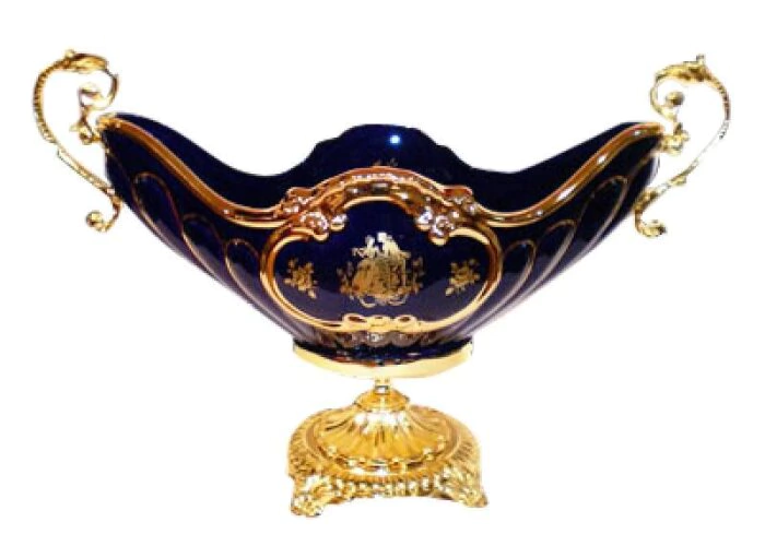 Fruit bowl, with handles, blue on a golden leg