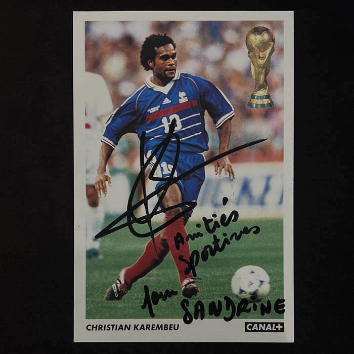 An autographed postcard from football player Christian Karambe