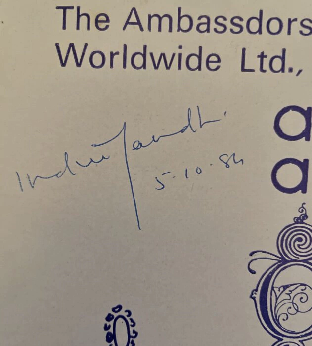 An autographed brochure by Indira Gandhi's politician