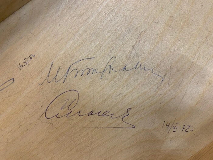 Part of the chessboard with autographs of chess players: Mikhail Botvinnik, Anatoly Karpov, Vasily Smyslov
