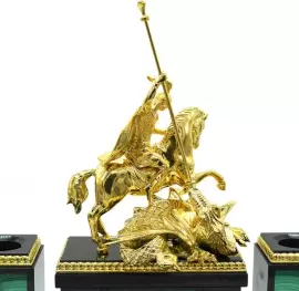 Настольный набор руководителя из камня "Эллада. Георгий Победоносец" малахит, долерит