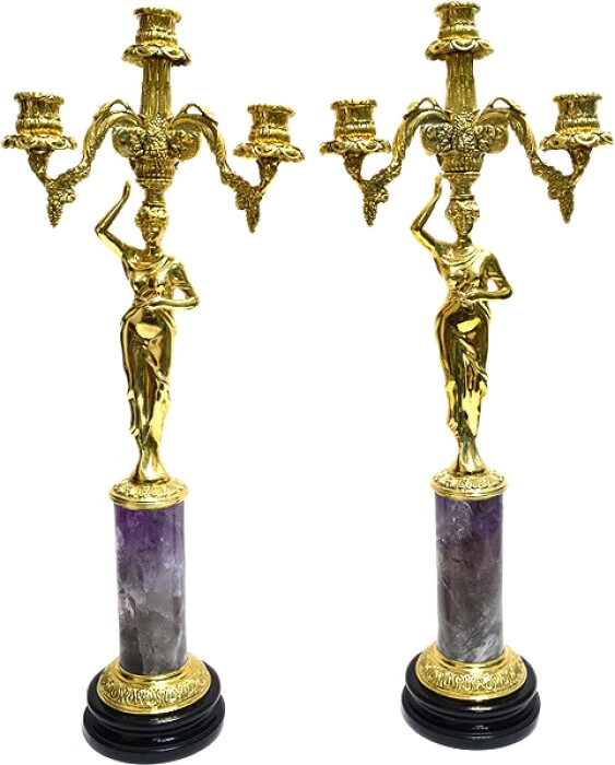 A pair of "Autumn" candelabra made of amethyst with bronze