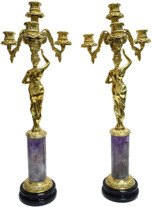 A pair of "Autumn" candelabra made of amethyst with bronze
