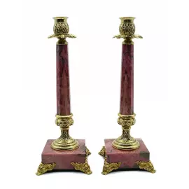 A pair of "Balance" candlesticks made of rhodonite with bronze