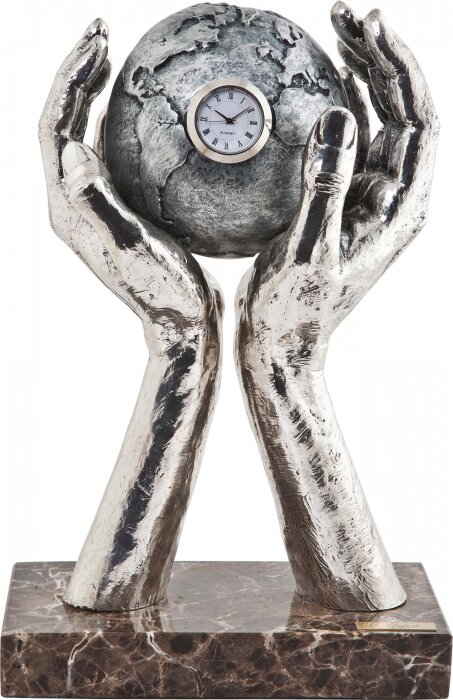 Table clock "The world in your hands" silver plated (Silver World in your hands Clock)