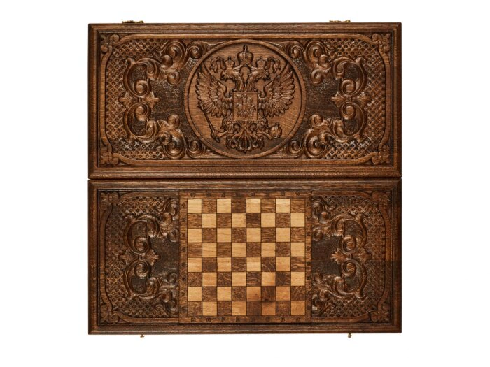 Carved backgammon from beech "Coat of Arms of the Russian Federation 2"