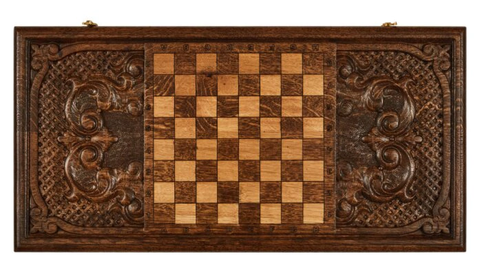 Carved backgammon from beech "Coat of Arms of the Russian Federation 2"