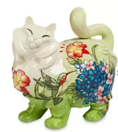 Копилка "Кошка" зеленая с синими цветами