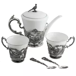 Серебряный чайный набор "Королевская охота": ложка, чашка, чайник