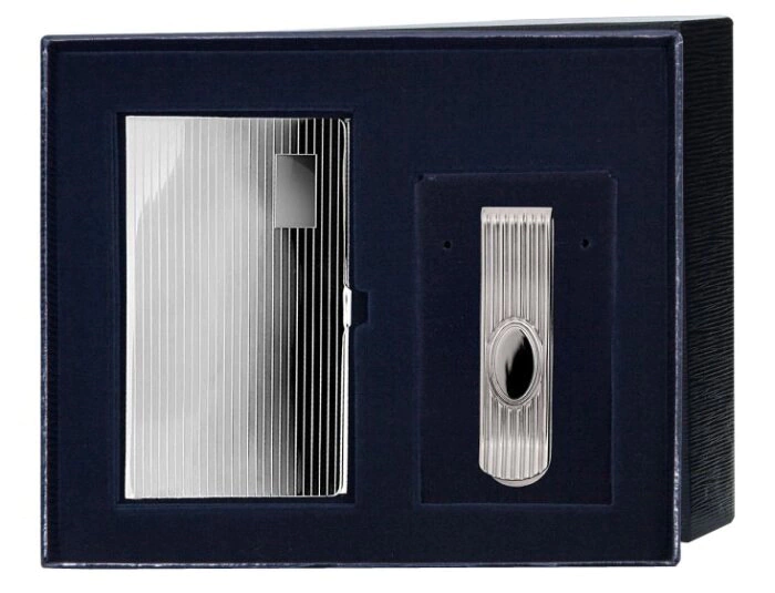 Set of silver business card holder and clip for banknotes No. 2