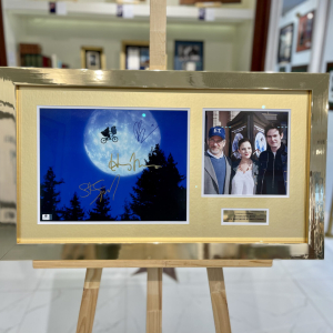 Autographed photo of actors Thomas Henry, Drew Barrymore and film director Steven Spielberg