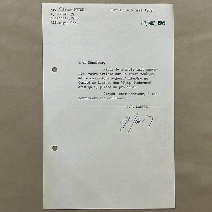 An autographed letter from the philosopher Jean-Paul Sartre