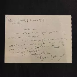 Рукописная почтовая открытка с автографом писателя Ромена Роллана